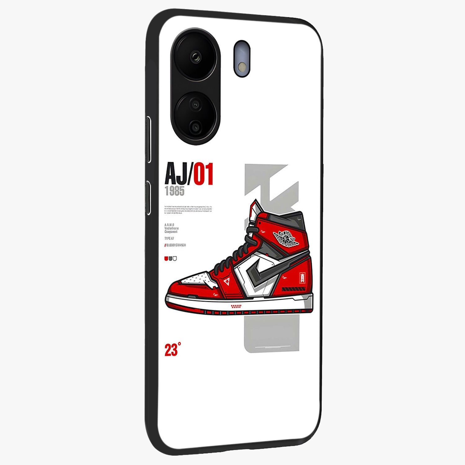 Retro Sneaker Blueprint Glass Case upright view showcasing stylish sneaker illustration with vintage streetwear theme.