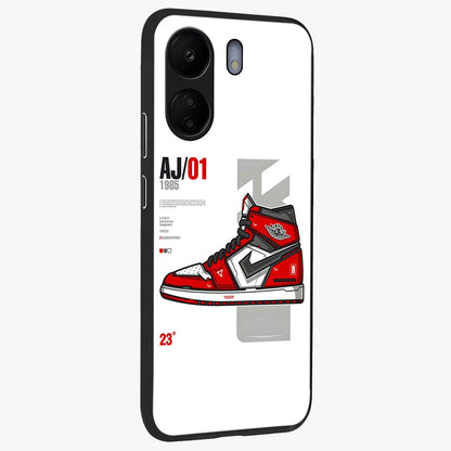Retro Sneaker Blueprint Glass Case upright view showcasing stylish sneaker illustration with vintage streetwear theme.