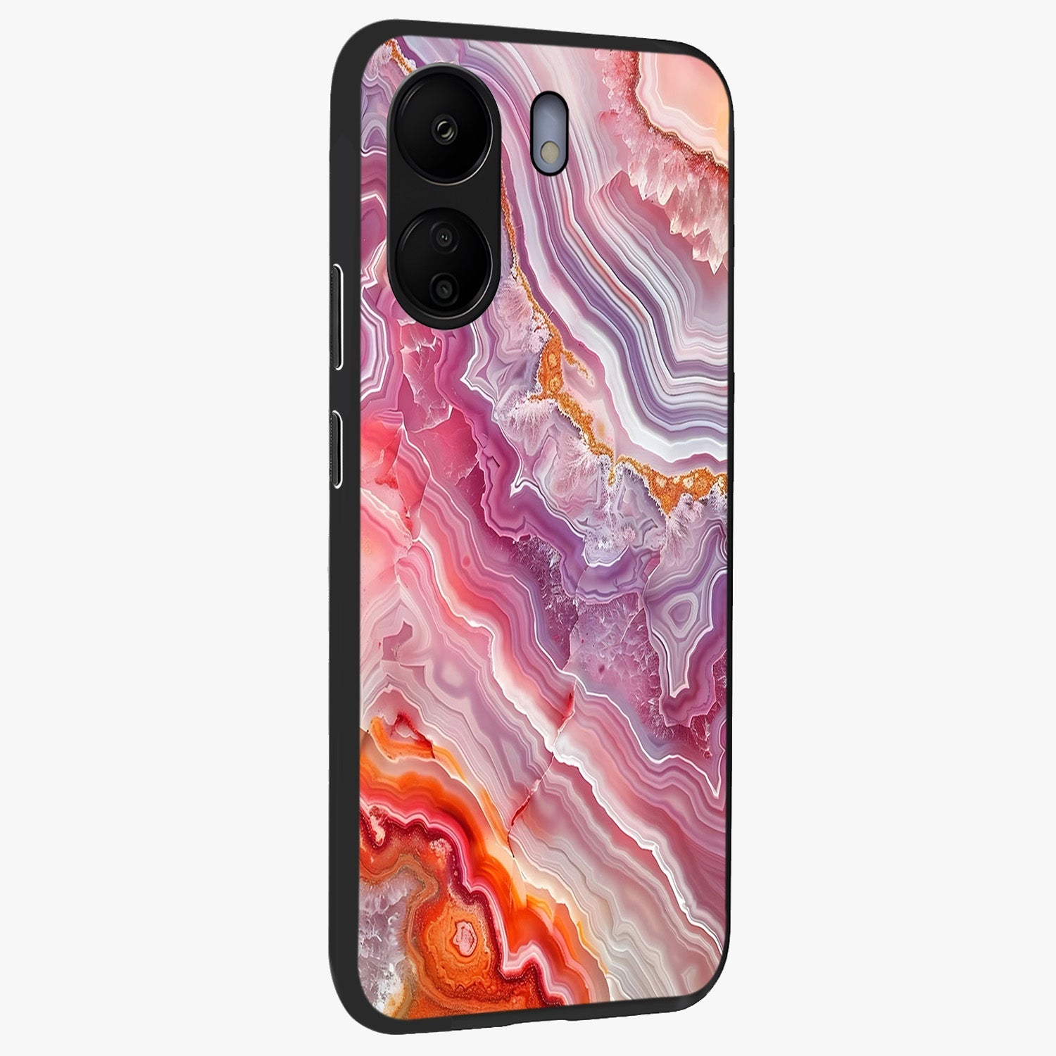 Rose Quartz Marble Glass Case upright view showcasing decorative marble artwork with luxurious pastel theme.