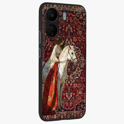 Royal Rider Tapestry Glass Case upright view showcasing detailed rider artwork with classic tapestry theme.