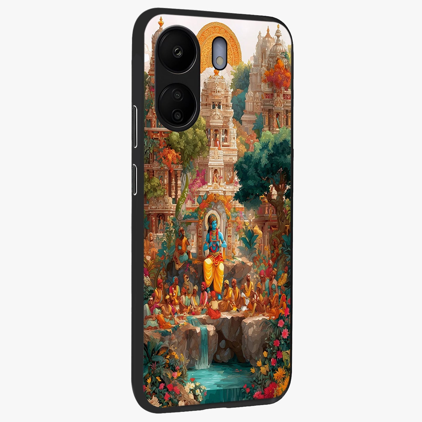 Sacred Sunlight Gods Glass Case upright view showcasing glowing divine artwork with sacred mythological theme.