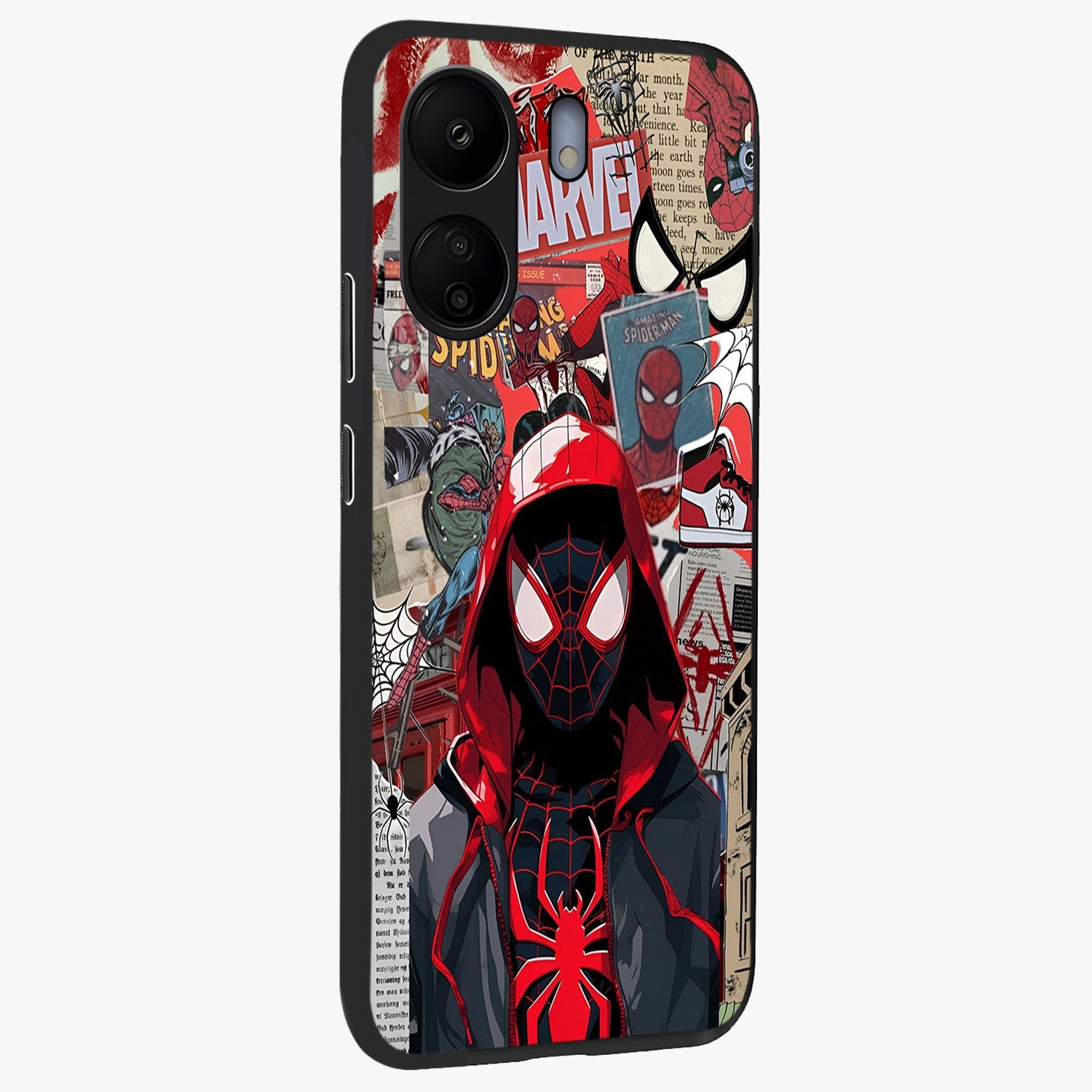 Spider Collage Street Glass Case upright view showcasing bold superhero artwork with urban street theme.