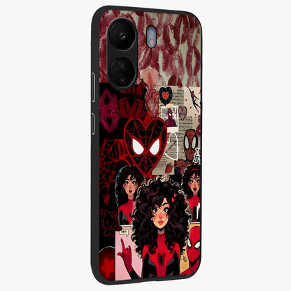 Spider Love Story Glass Case upright view showcasing charming superhero artwork with romantic comic theme.