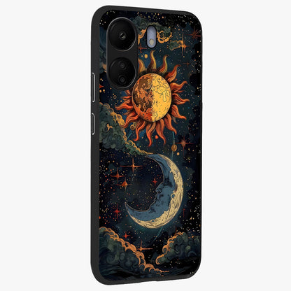 Sun And Moon Magic Design Glass Case upright view showcasing decorative sun and moon artwork with spiritual celestial theme.