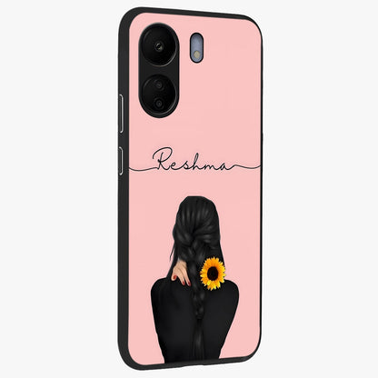 Sunflower Braid Beauty With Custom Name Glass Case upright view showcasing bright sunflower artwork with personalized floral aesthetic.