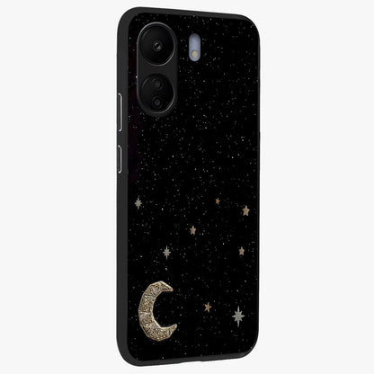 Twinkle Star With Half Moon Glass Case upright view showcasing glowing cosmic artwork with dreamy night theme.