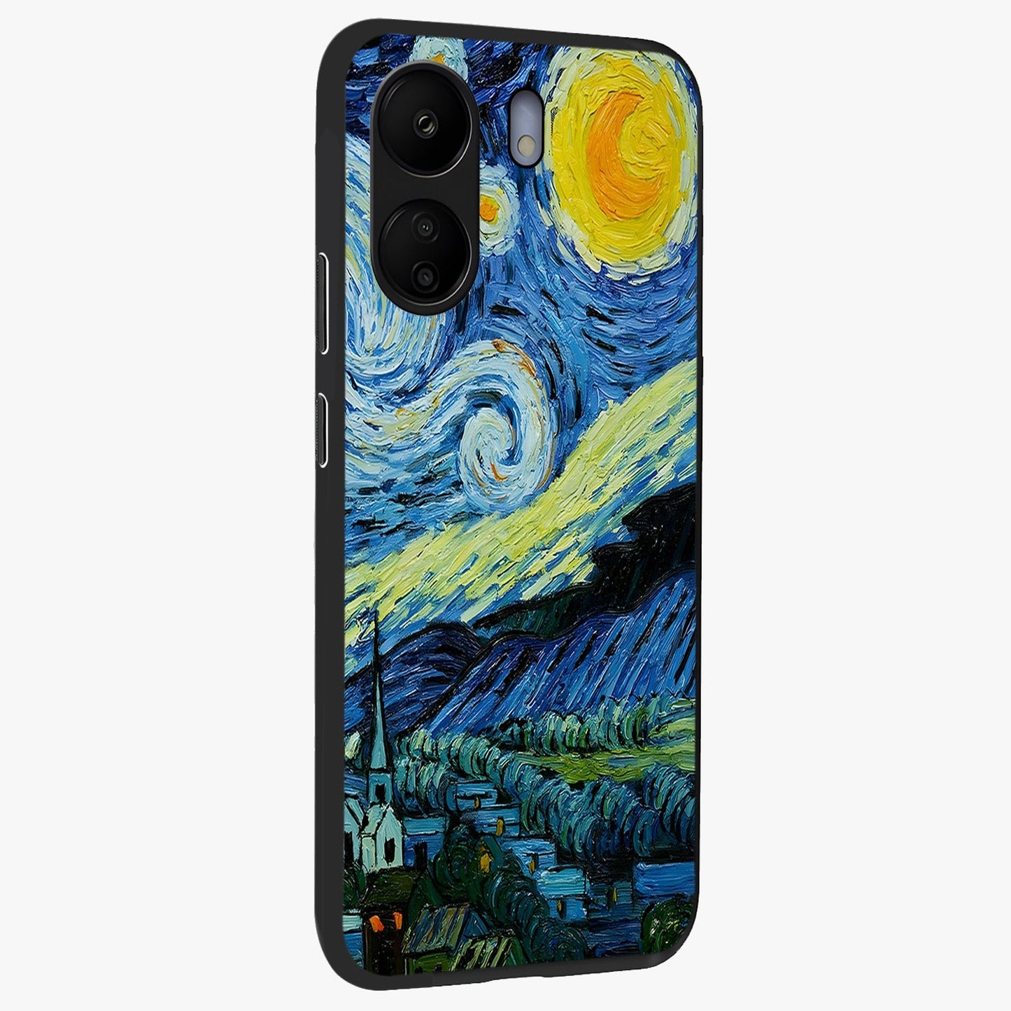 Van Gogh Art Glass Case upright view showcasing expressive painting style artwork with timeless artistic theme.