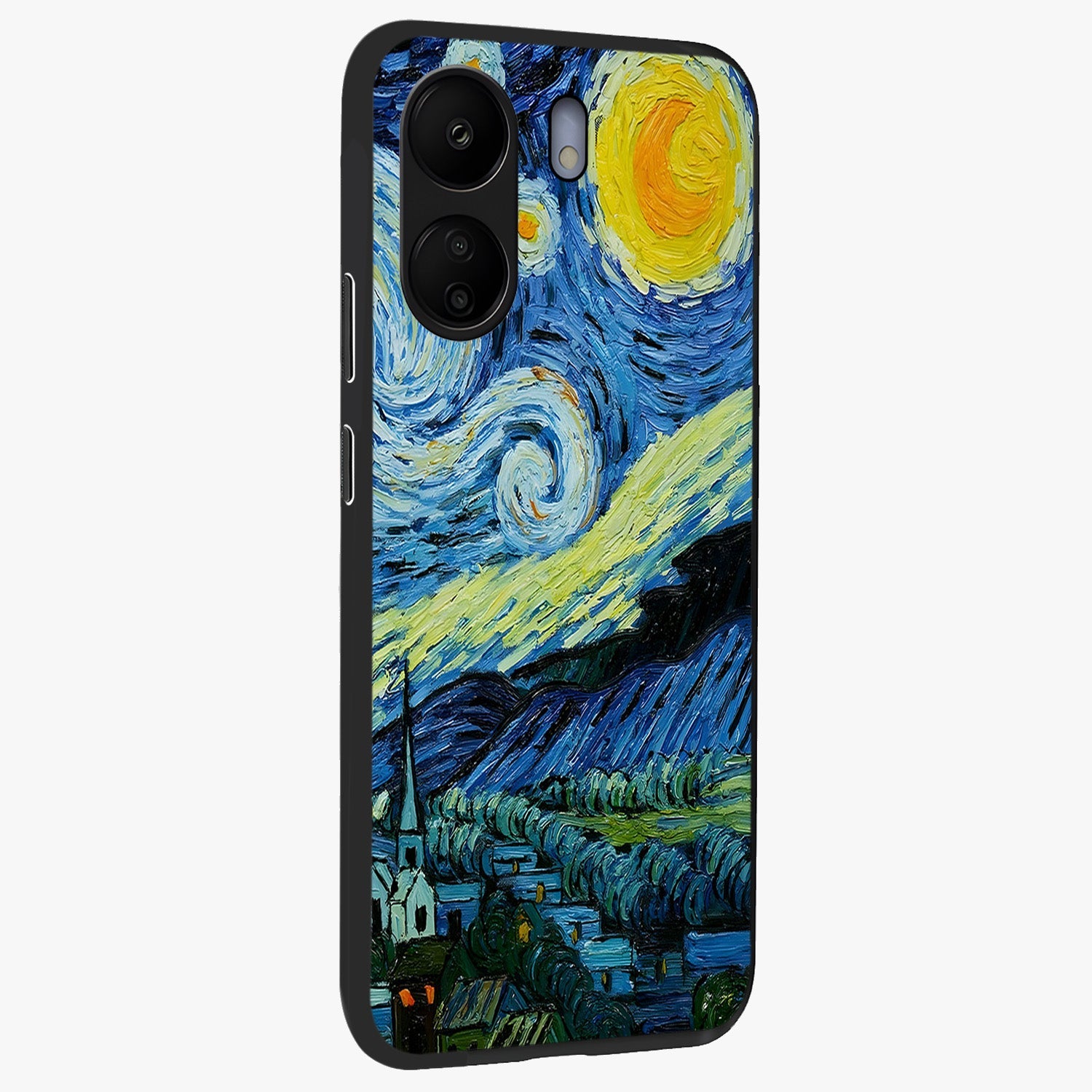 Van Gogh Art Glass Case upright view showcasing expressive painting style artwork with timeless artistic theme.