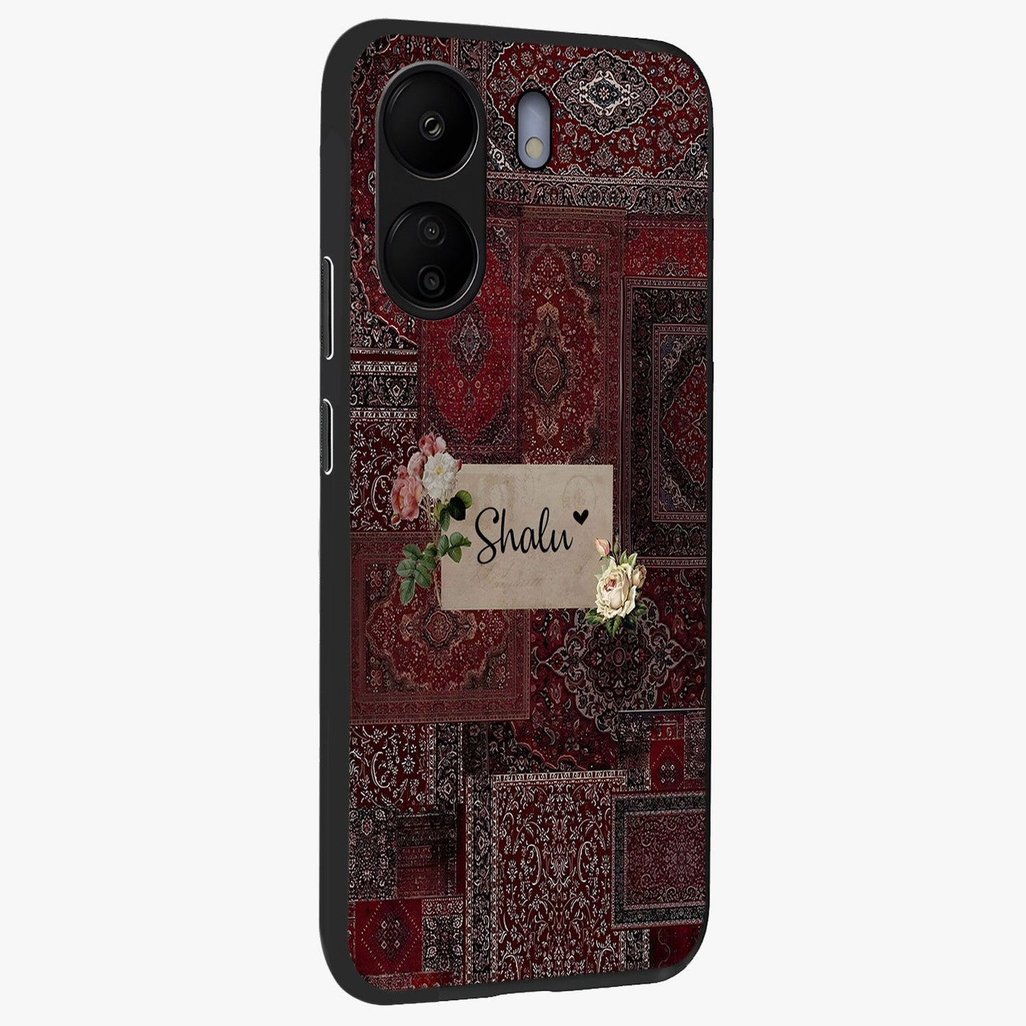 Velvet Wine Pattern Custom Name Glass Case upright view showcasing luxurious wine toned artwork with personalized aesthetic.