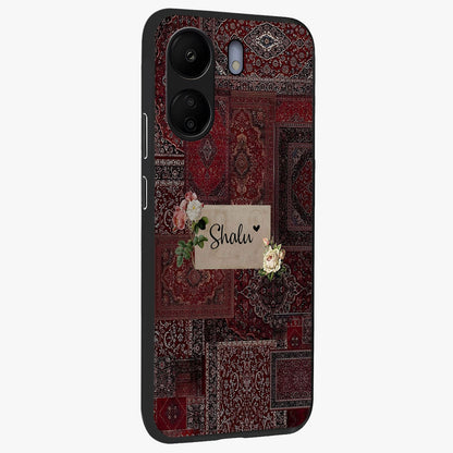 Velvet Wine Pattern Custom Name Glass Case upright view showcasing luxurious wine toned artwork with personalized aesthetic.