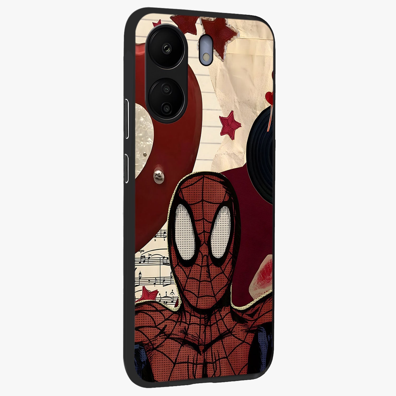 Web Warrior Vibes Glass Case upright view showcasing energetic superhero artwork with bold action theme.