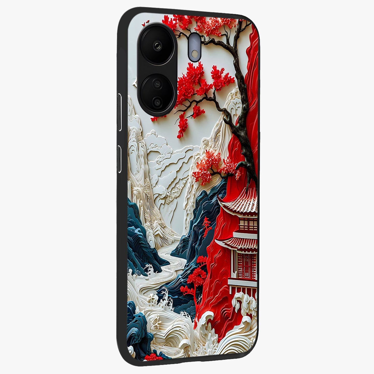 Whispers Of Sakura Waves Glass Case upright view showcasing delicate cherry blossom artwork with elegant nature theme.