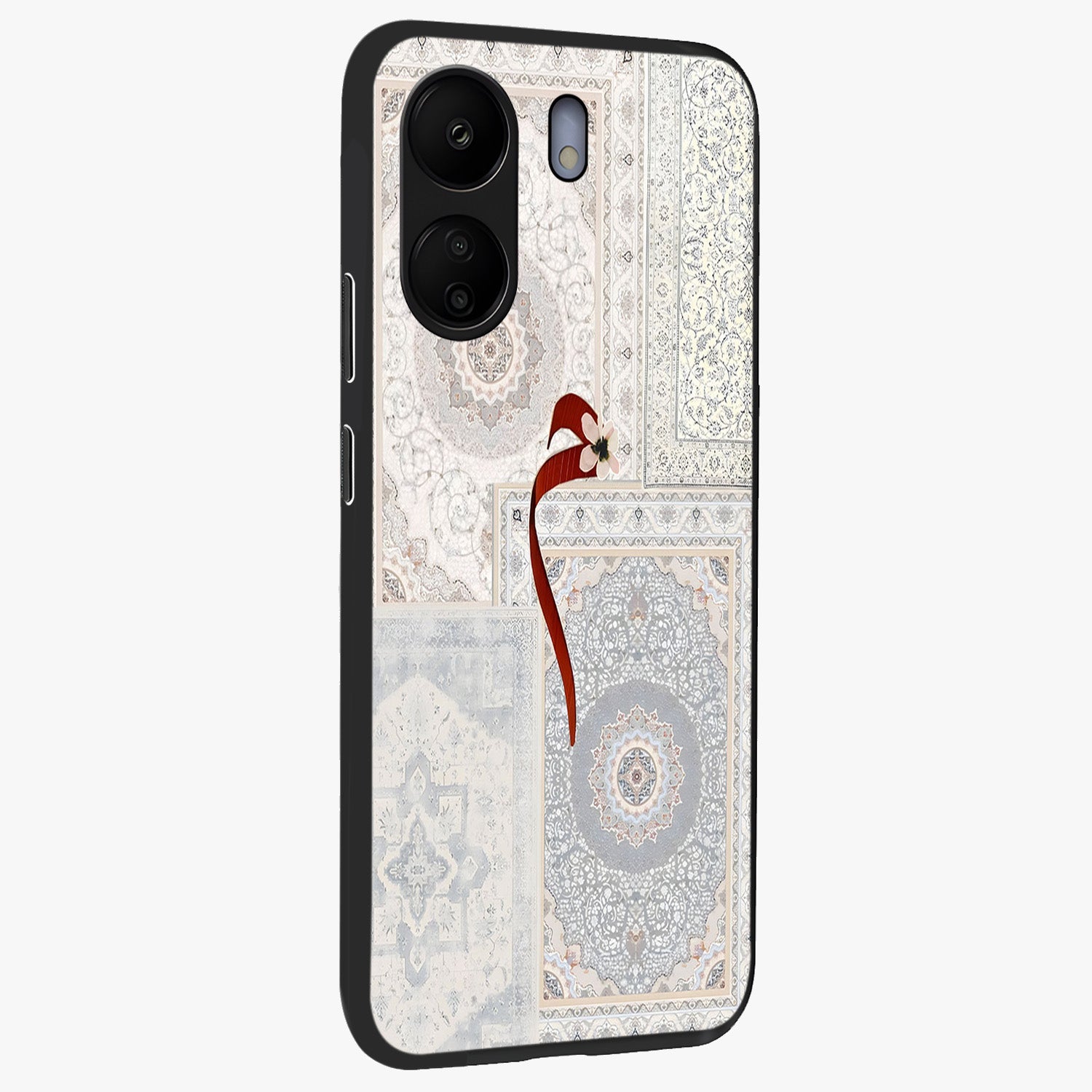 White Aesthetic Bow Glass Case upright view showcasing delicate ribbon bow artwork with cute minimalist theme.