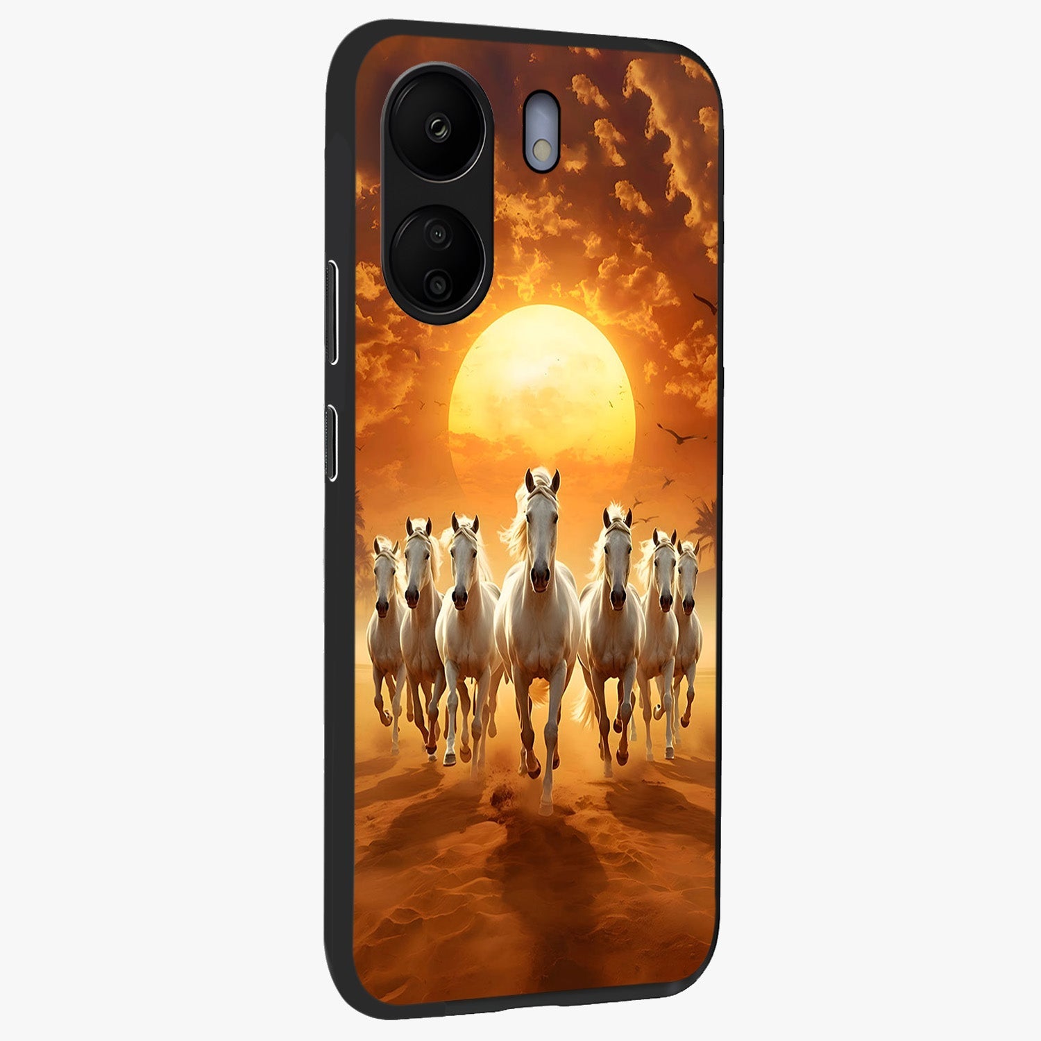 Wild Sunset Majesty Glass Case upright view showcasing dramatic sunset artwork with bold nature theme.