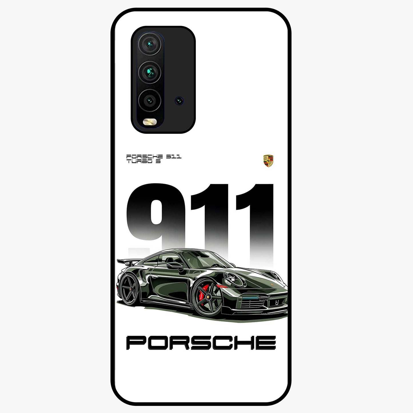 911 Turbo Dominance Glass Case showing clean flat back view with bold 911 sports car artwork and glossy glass finish.