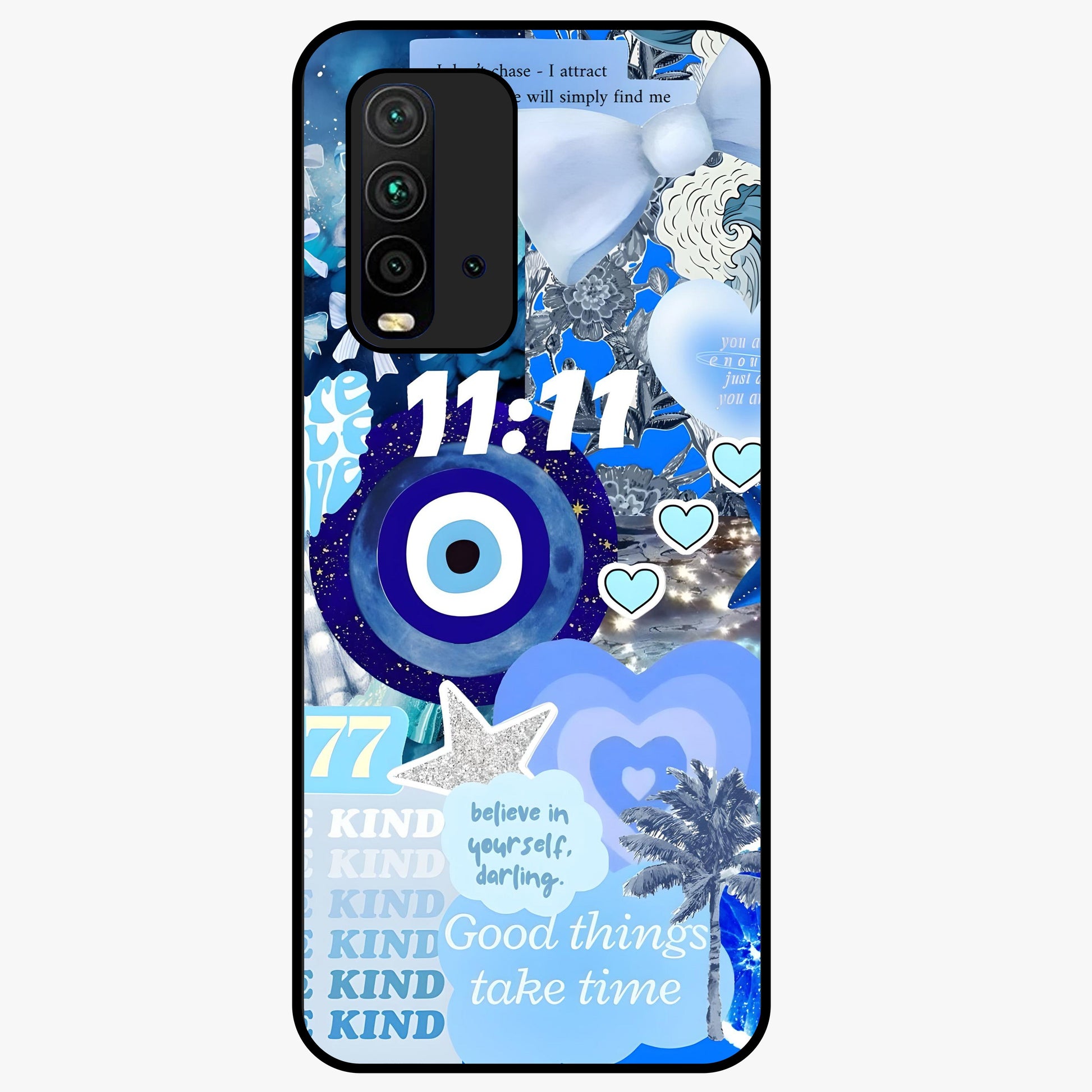 Aesthetic Be Kind Eye Glass Case showing flat back view with motivational eye artwork and glossy glass finish.