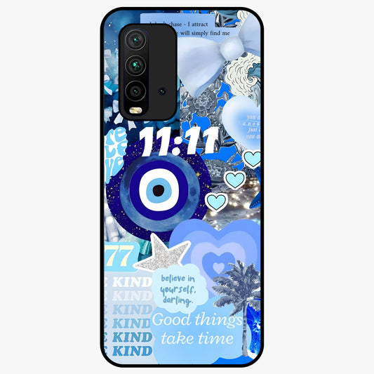 Aesthetic Be Kind Eye Glass Case showing flat back view with motivational eye artwork and glossy glass finish.