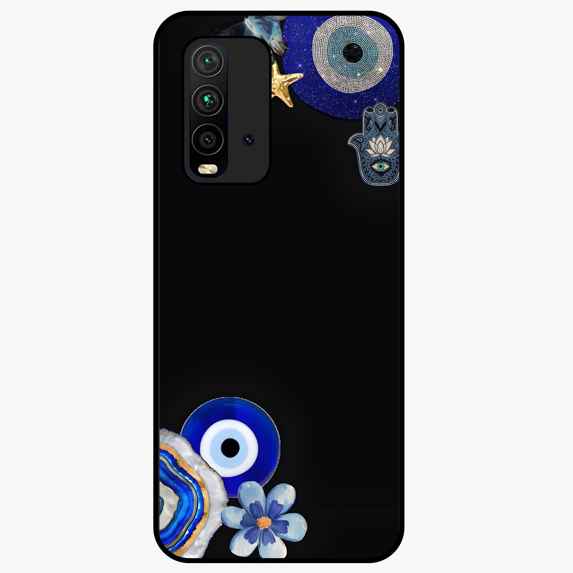 Aesthetic Blue Evil Eye Glass Case showing flat back view with protective evil eye artwork and glossy glass finish.