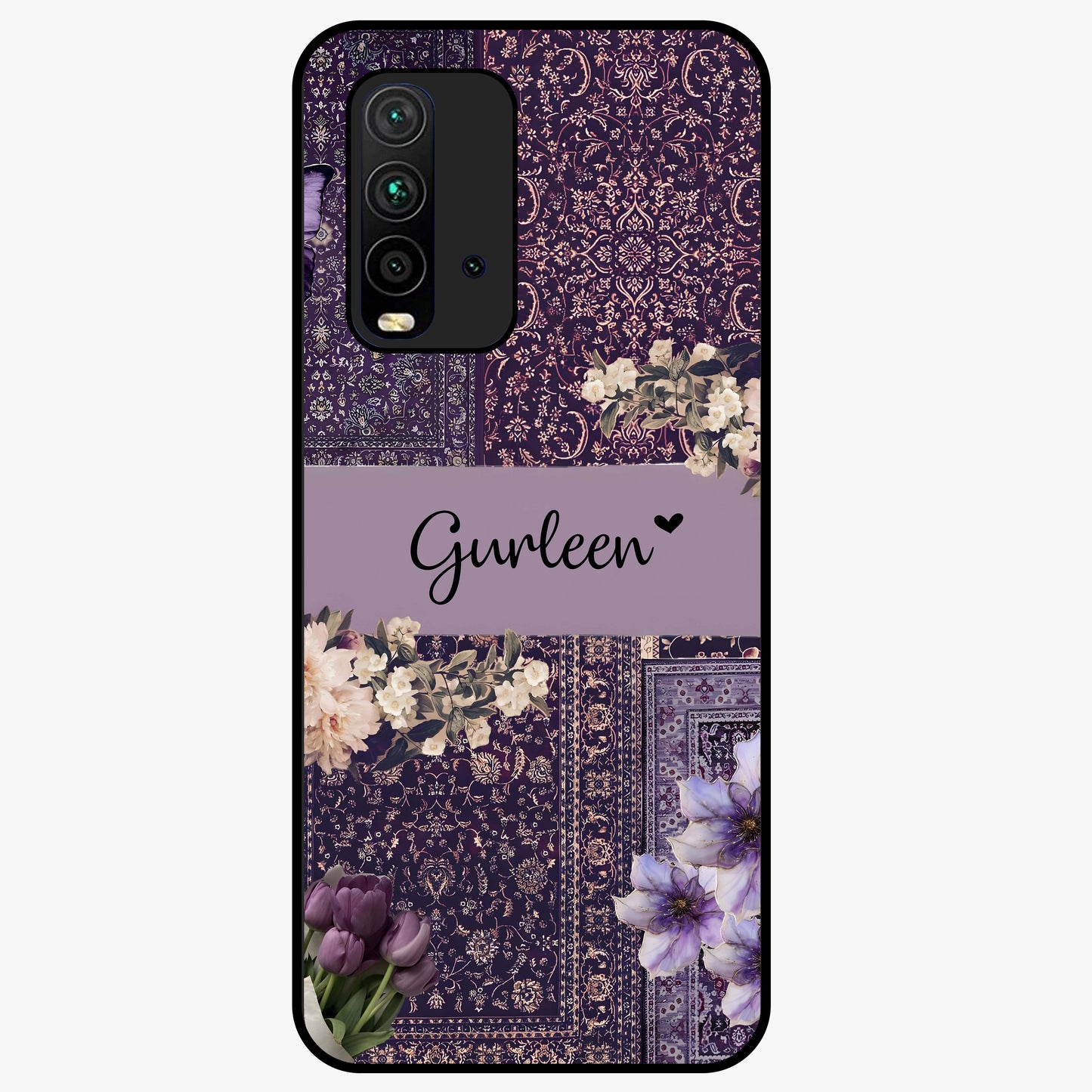 Antique Floral Whisper Custom Name Glass Case showing flat back view with vintage floral artwork and personalized name design.