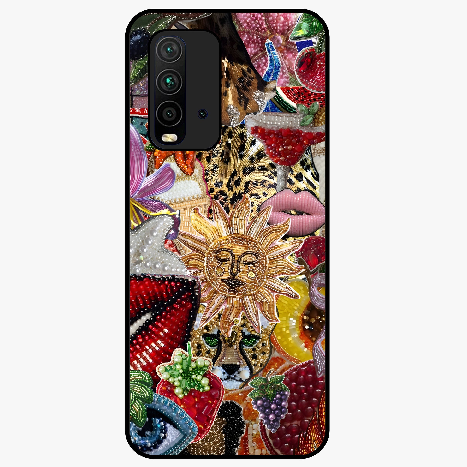 Beaded Fashion Jungle Glass Case showing flat back view with vibrant jungle inspired bead artwork and glossy glass finish.