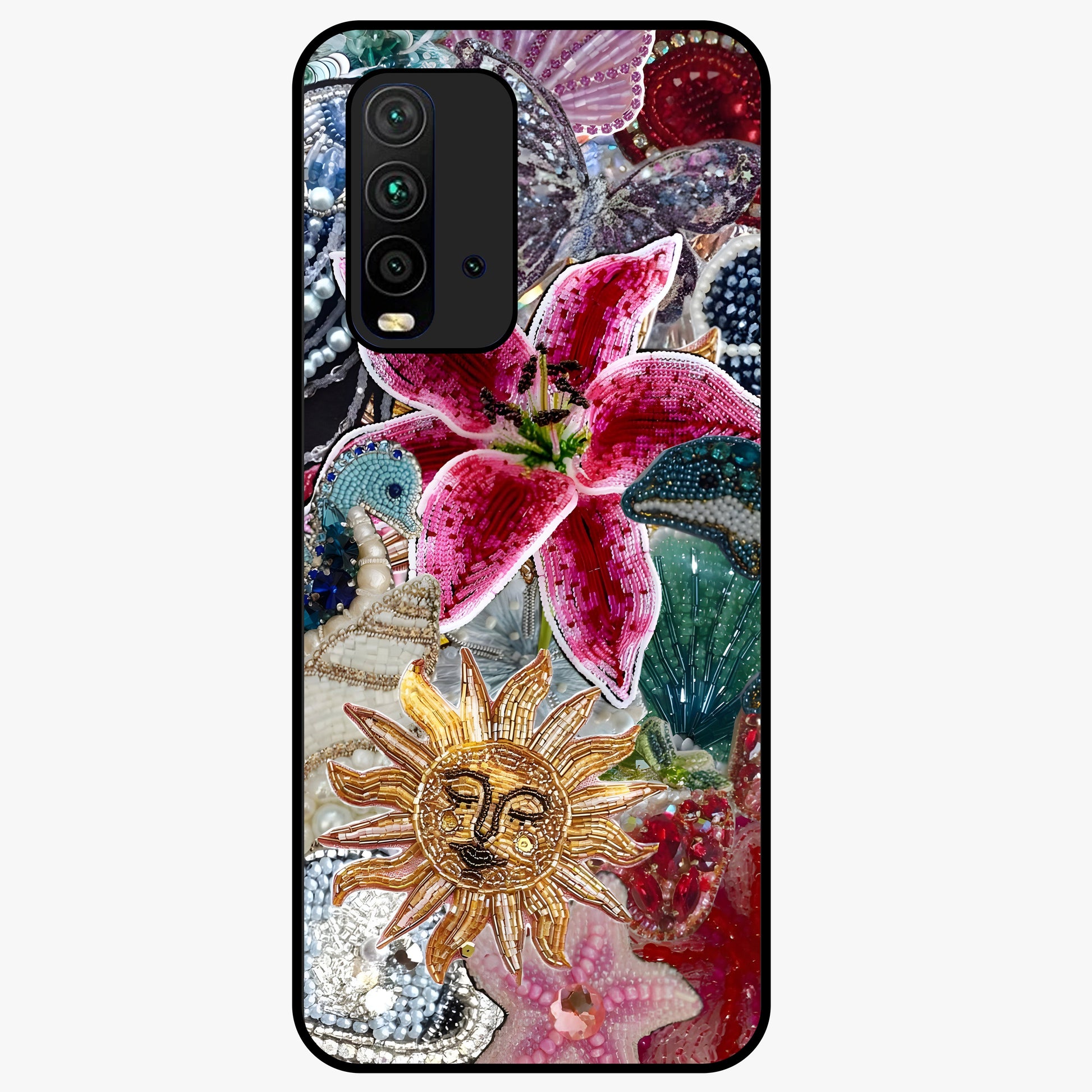Beaded Garden Fantasy Glass Case showing flat back view with dreamy garden bead artwork and glossy glass finish.