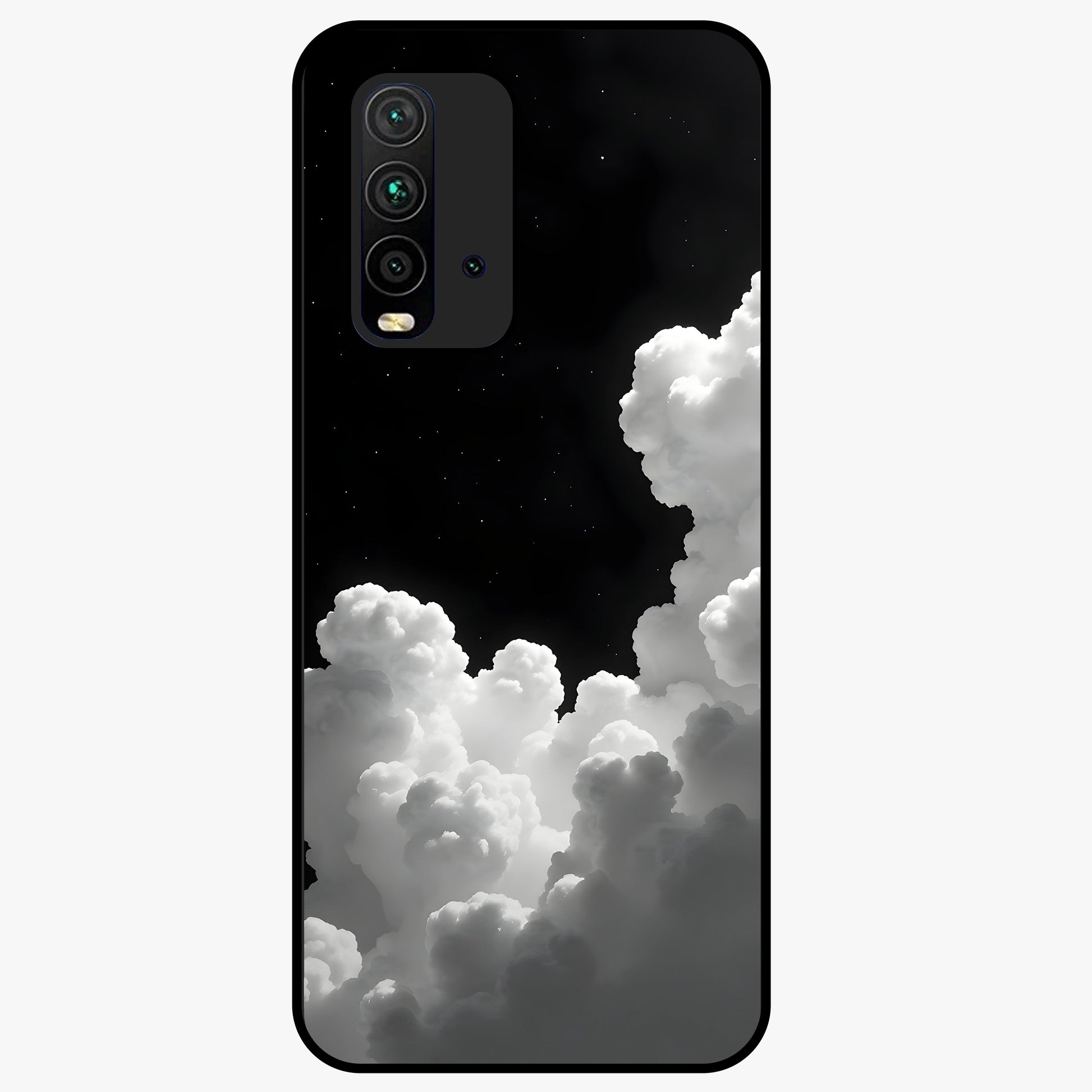 Black Background With White Cloud Glass Case showing flat back view with minimal cloud artwork on dark background and glossy glass finish.