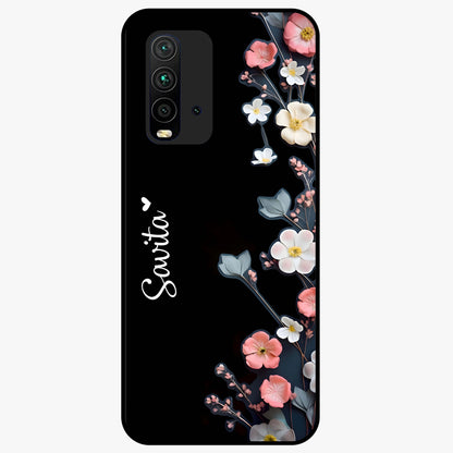 Black Elegance Floral Custom Name Glass Case showing flat back view with elegant floral artwork and personalized name design.