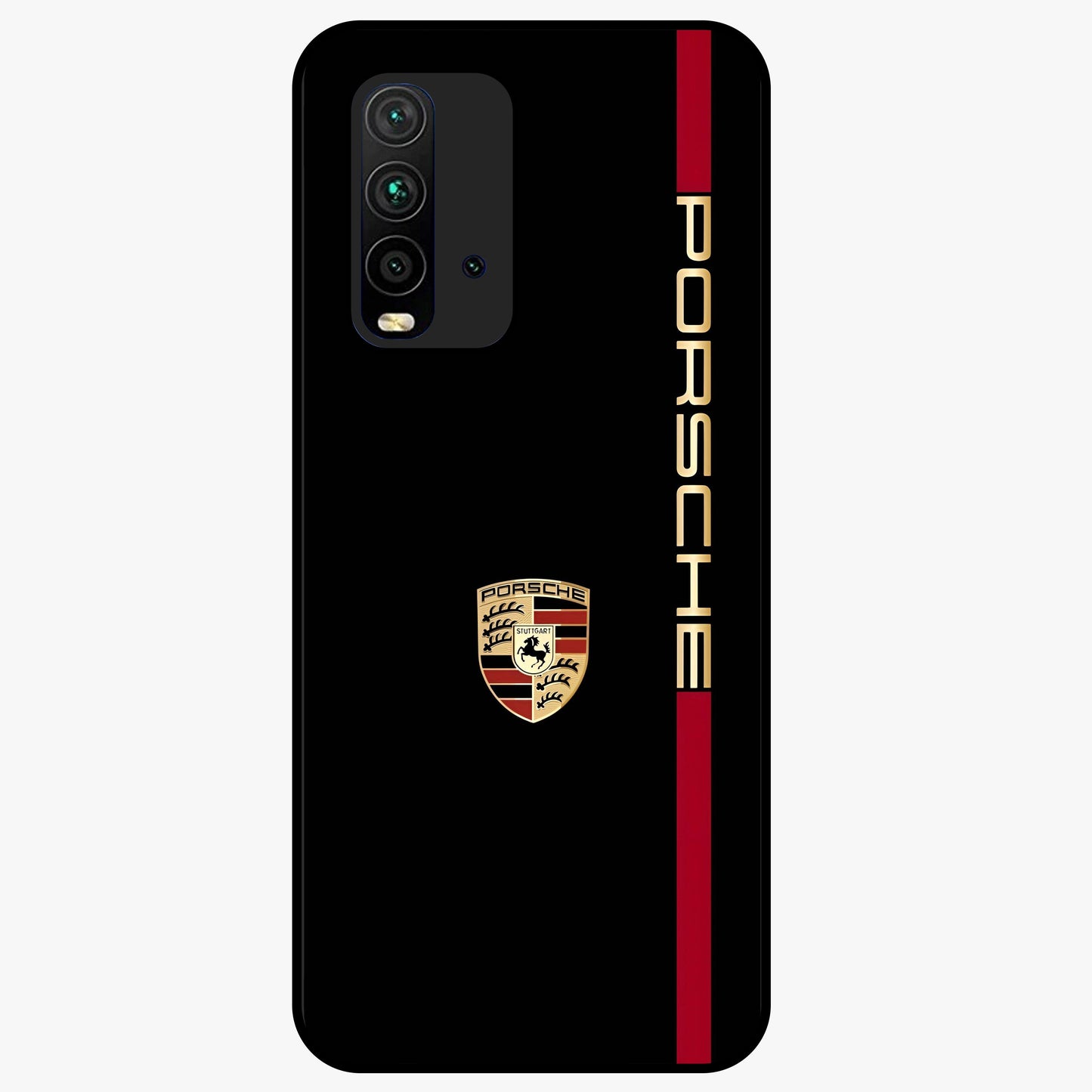 Black Minimal Porsche Glass Case showing flat back view with sleek minimal sports car artwork and glossy glass finish.