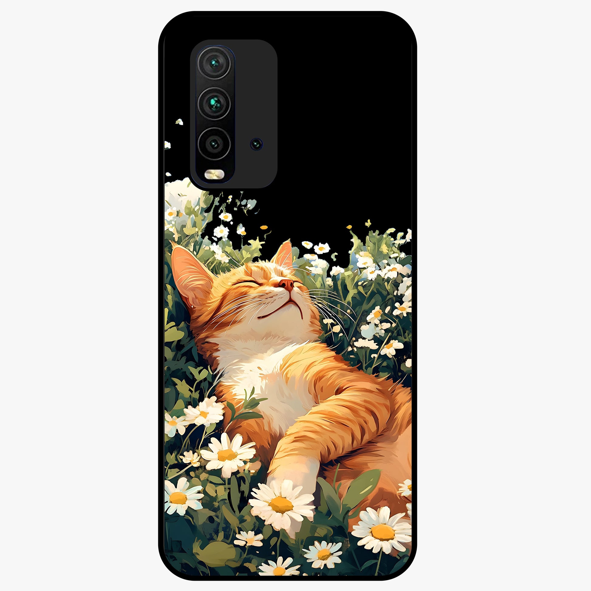 Blissful Bloom Cat Glass Case showing flat back view with cute cat and floral bloom artwork and glossy glass finish.