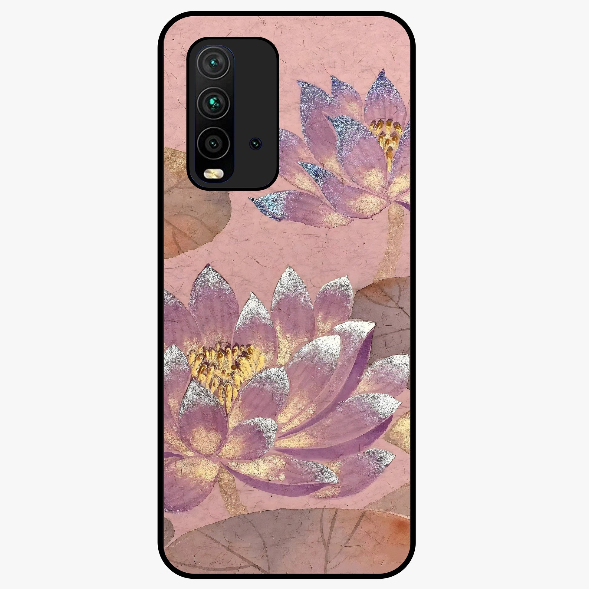 Blossom Mist Lotus Glass Case showing flat back view with serene lotus blossom artwork and glossy glass finish.