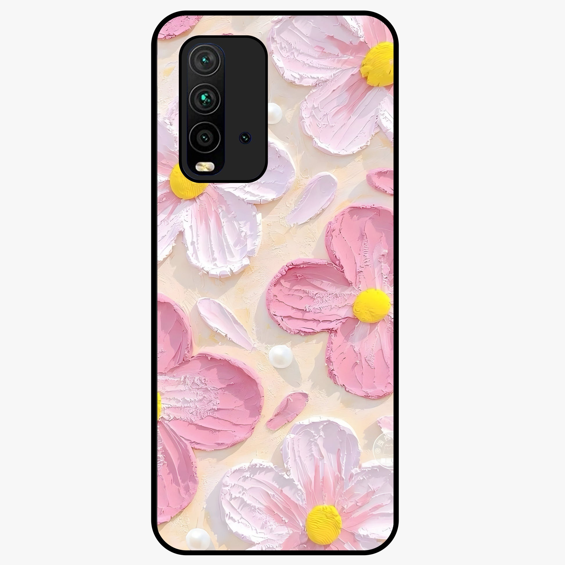 Blush Bloom Texture Glass Case showing flat back view with soft blush floral texture artwork and glossy glass finish.
