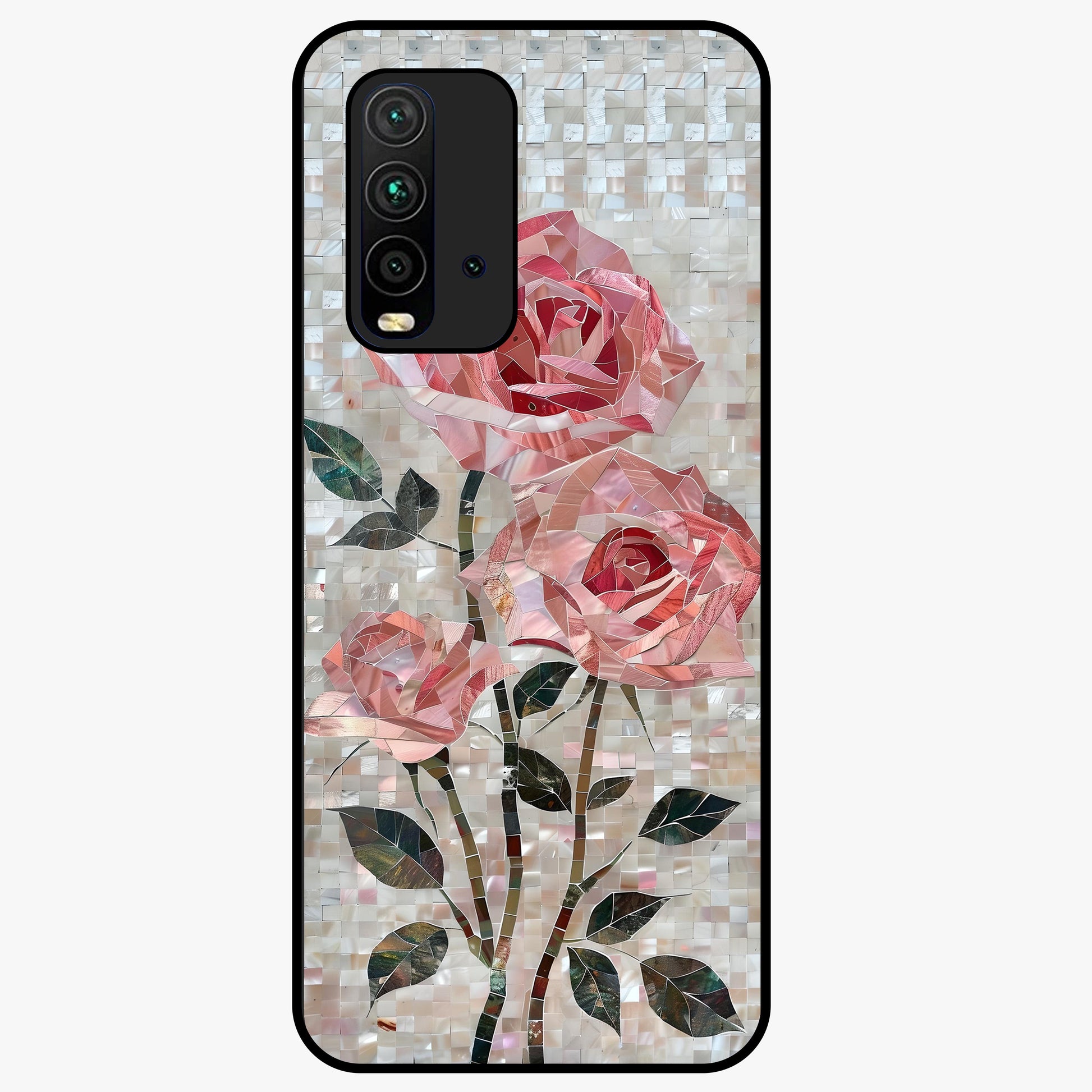 Blush Mosaic Bloom Glass Case showing flat back view with mosaic floral bloom artwork and glossy glass finish.