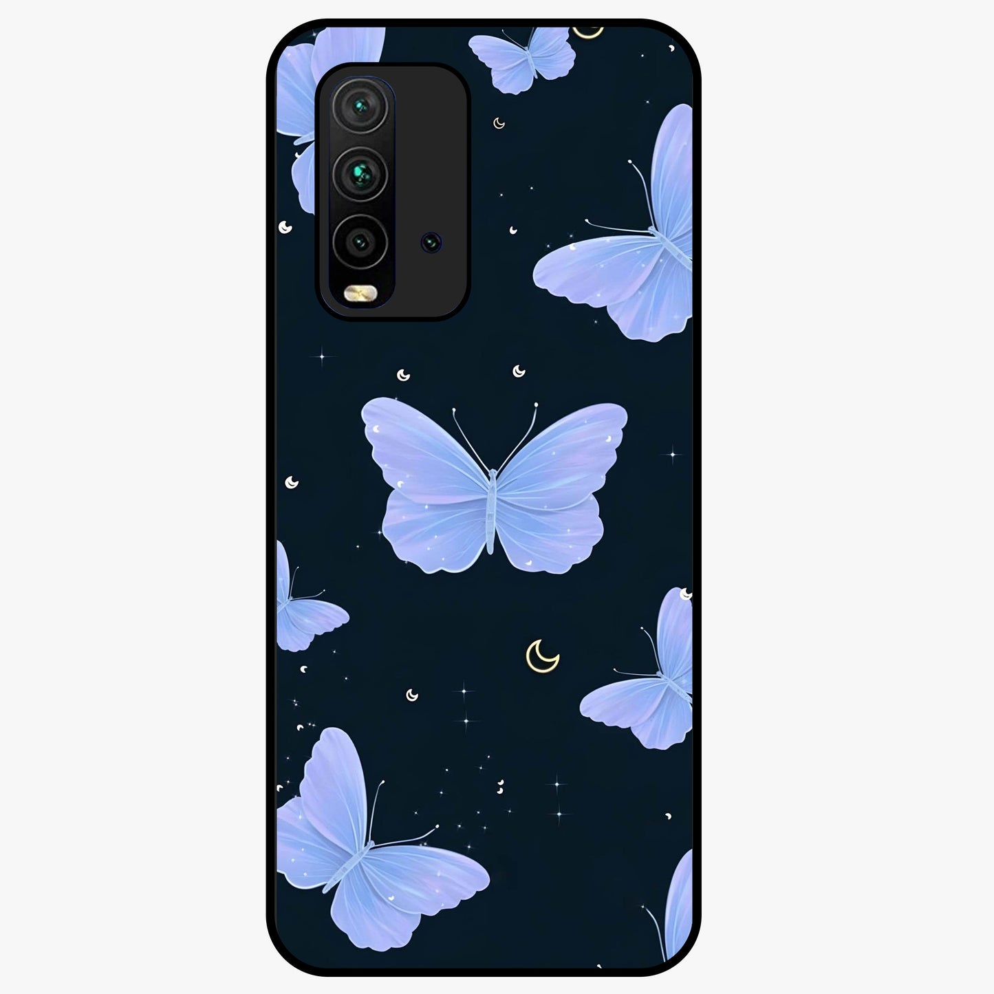 Butterfly With Stars Pattern Glass Case showing flat back view with butterfly and star pattern artwork and glossy glass finish.