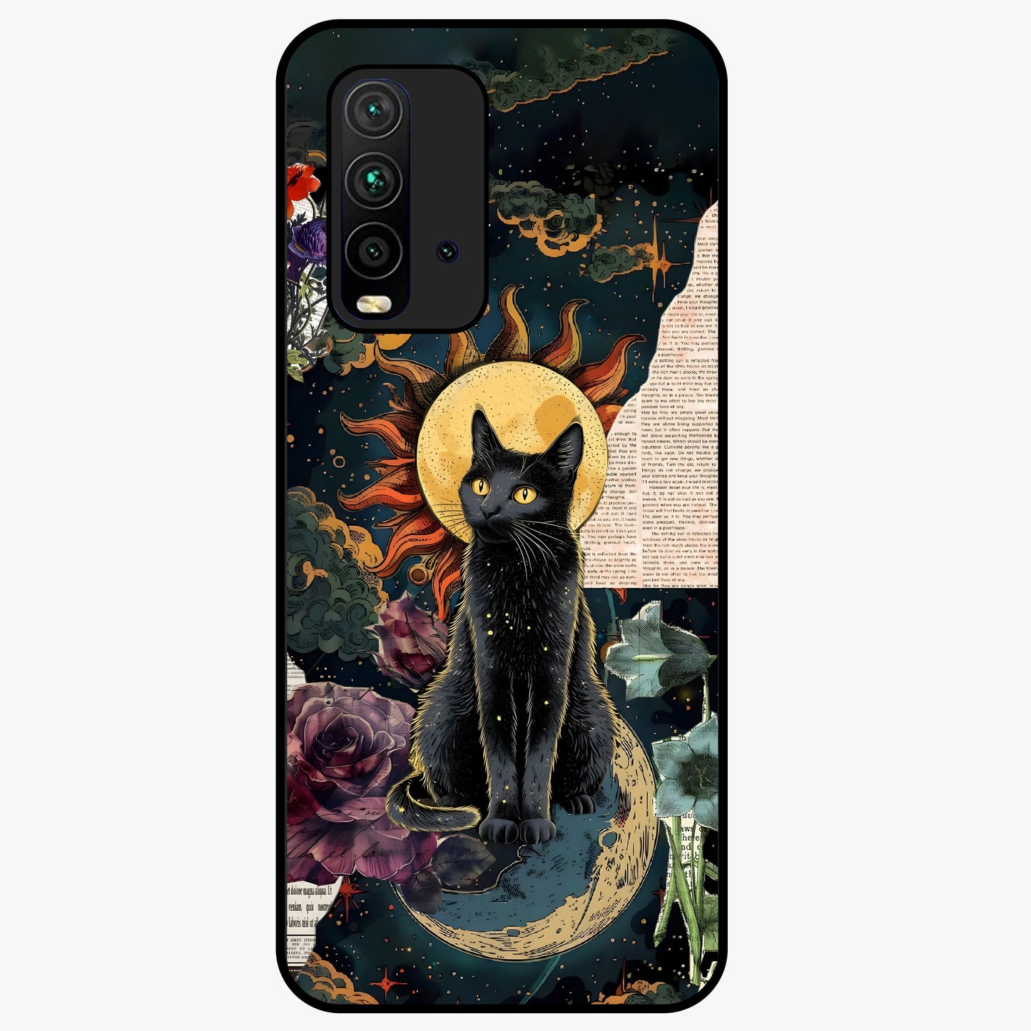 Celestial Black Cat Glass Case showing flat back view with mystical black cat artwork and glossy glass finish.
