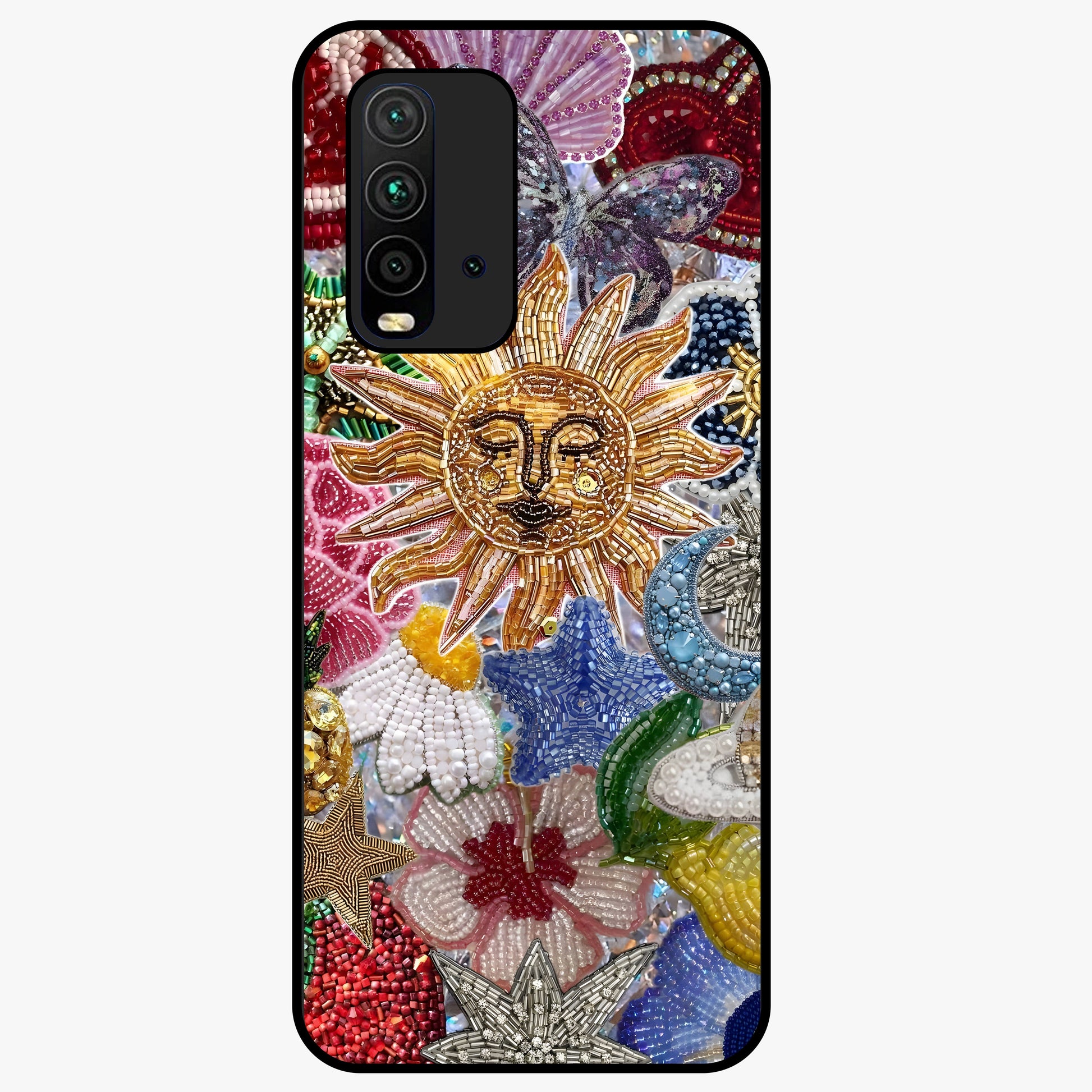 Celestial Floral and Playful Glass Case showing flat back view with floral and celestial themed artwork and glossy glass finish.
