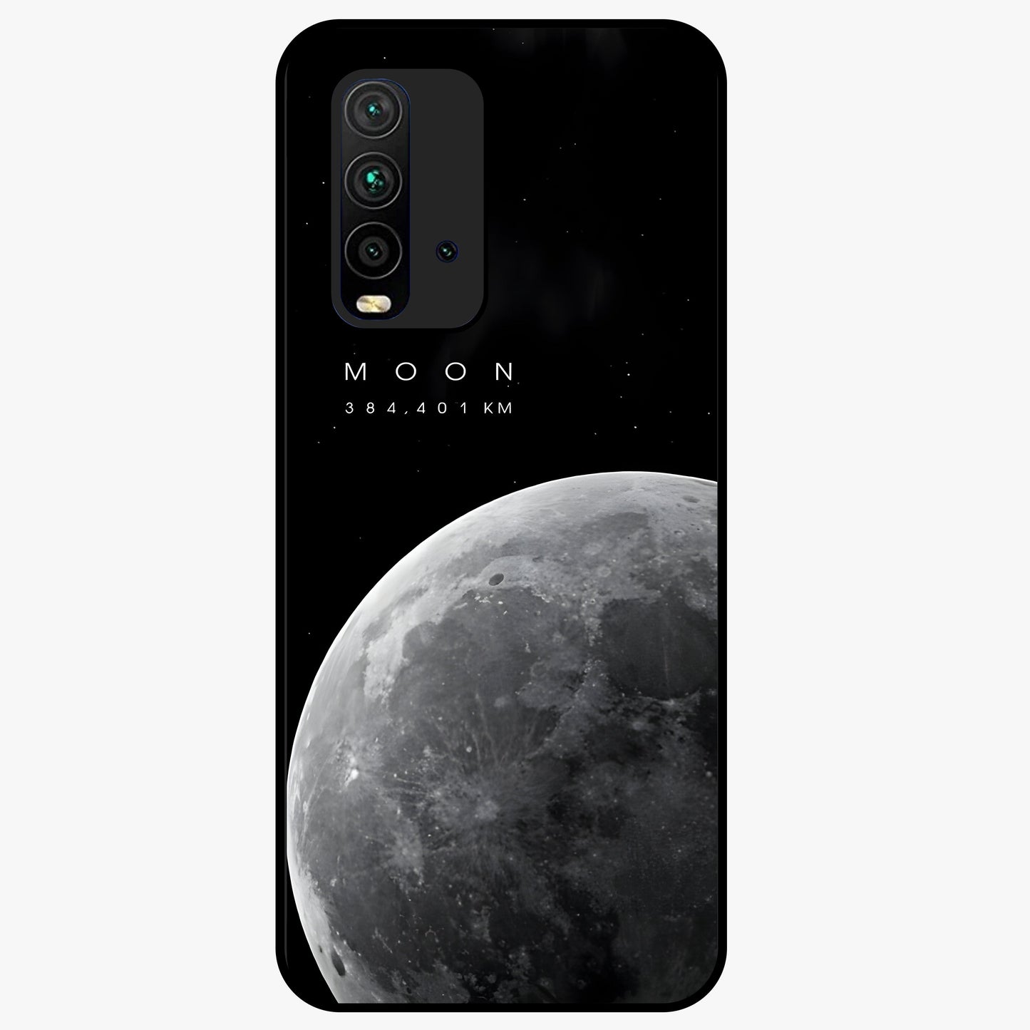 Cosmic Moon Glow Glass Case showing flat back view with glowing moon artwork and glossy glass finish.