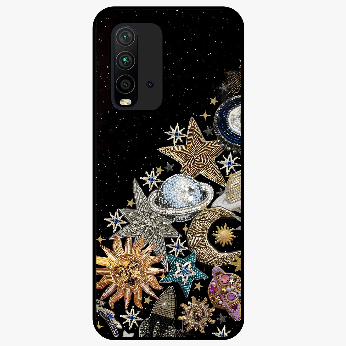 Cosmic Sparkle Dreams Glass Case showing flat back view with sparkling cosmic artwork and glossy glass finish.