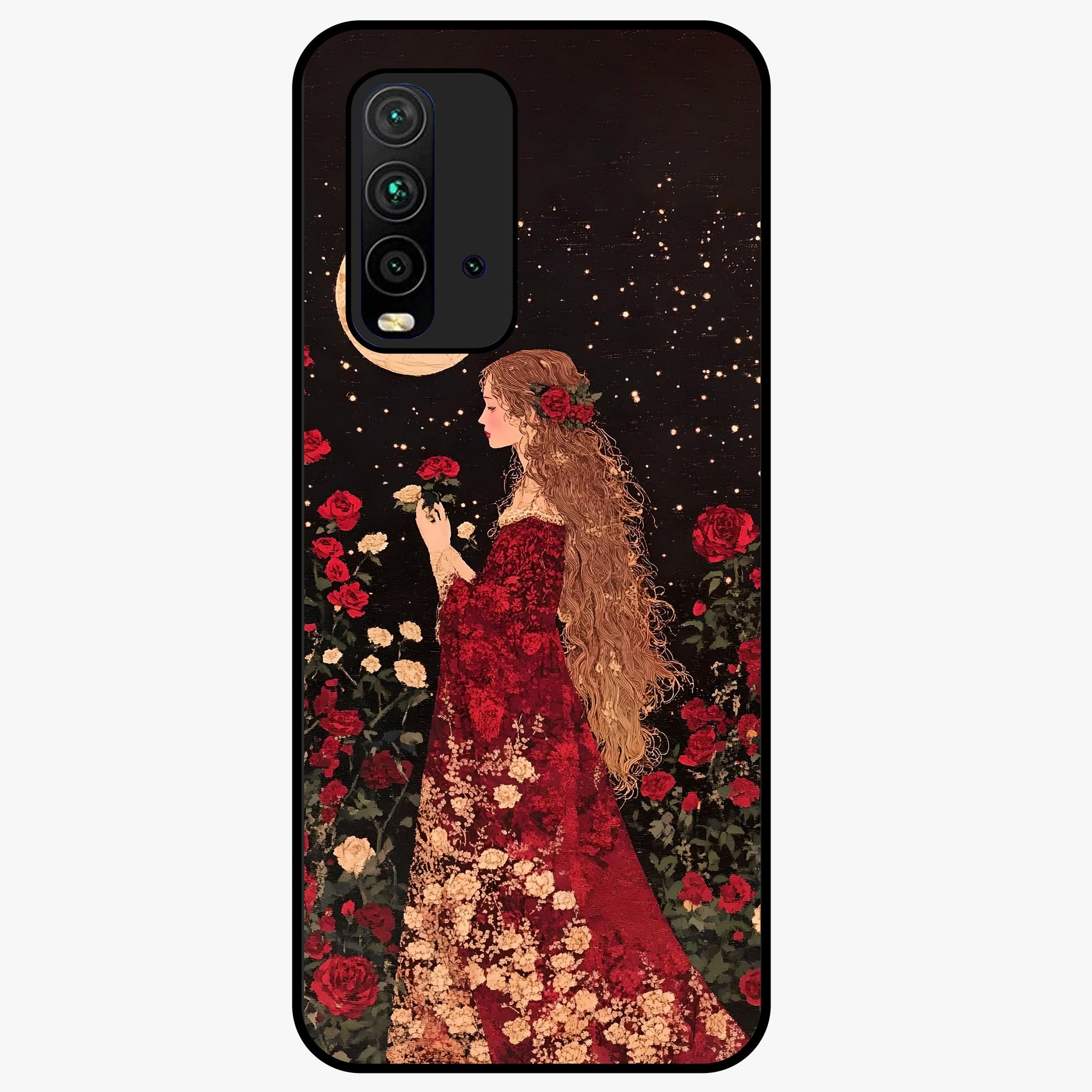 Crimson Dreams Glass Case showing flat back view with dreamy crimson artwork and glossy glass finish.