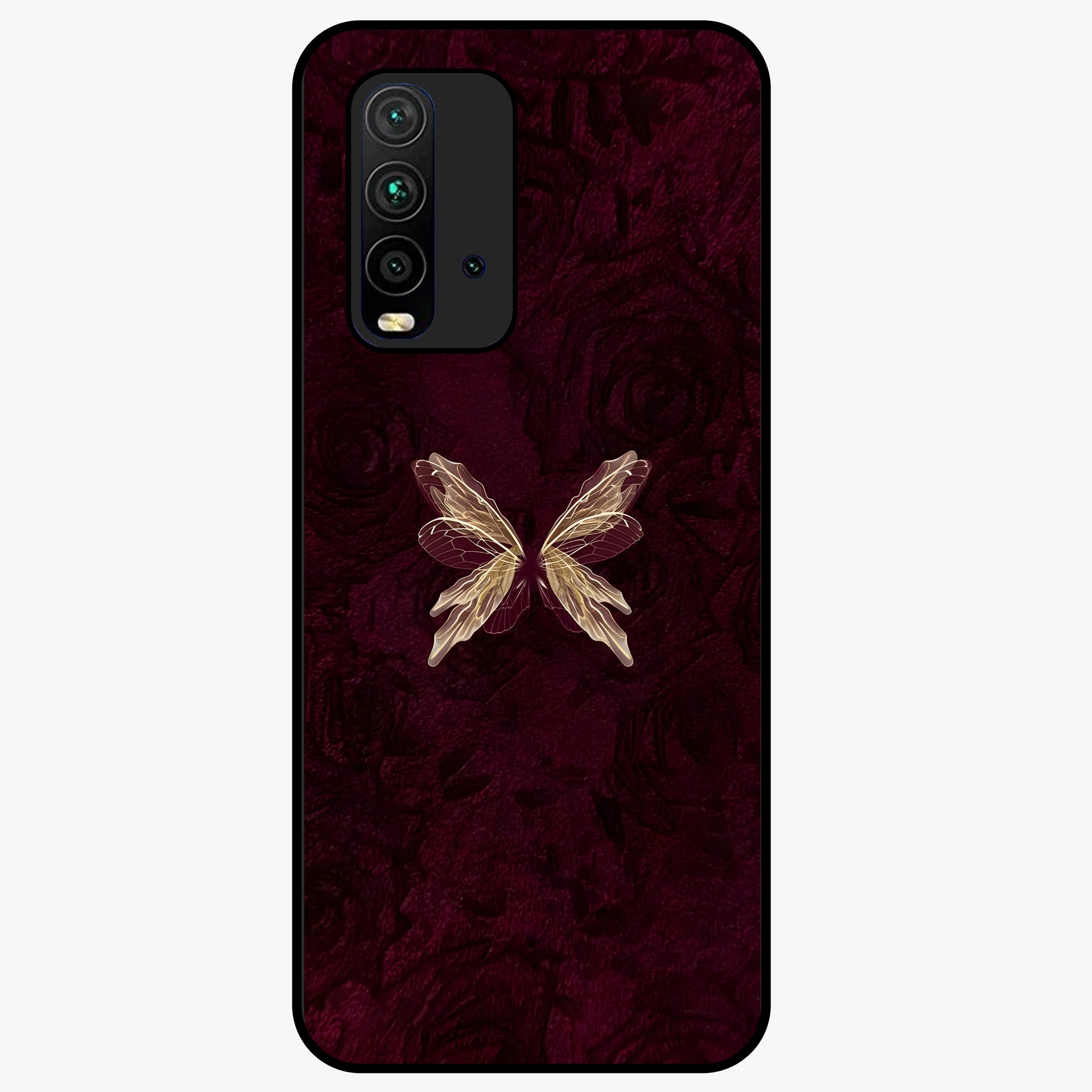 Crimson Fade Butterfly Glass Case showing flat back view with fading butterfly artwork and glossy glass finish.