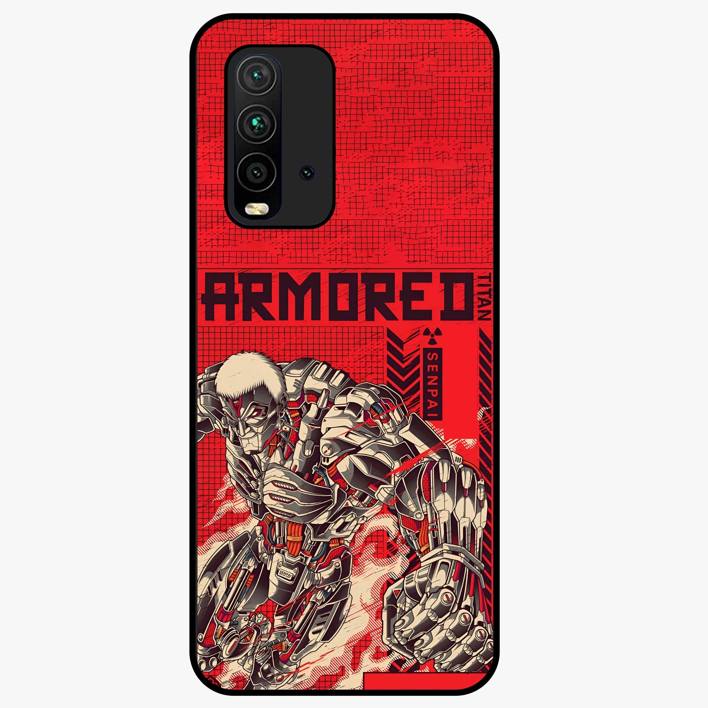 Crimson Mecha Titan Glass Case showing flat back view with powerful mech titan artwork and glossy glass finish.