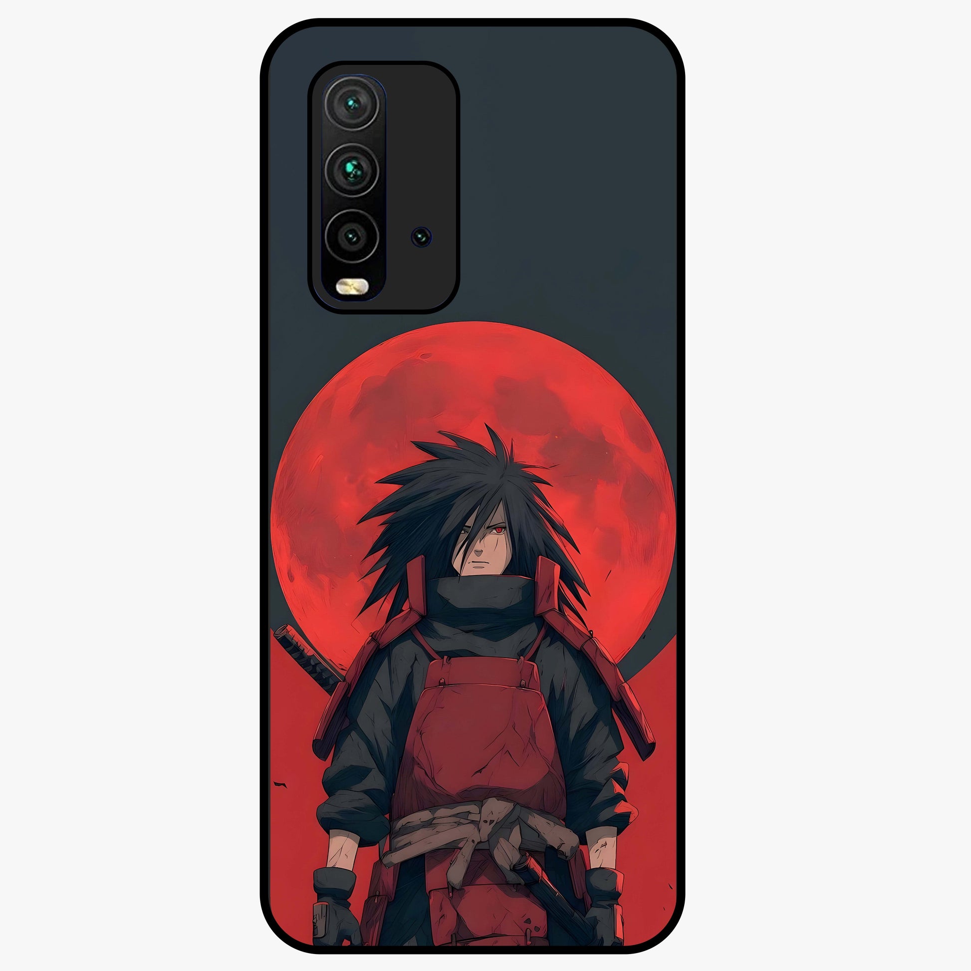 Crimson Moon Warlord Glass Case showing flat back view with mystical moon warrior artwork and glossy glass finish.