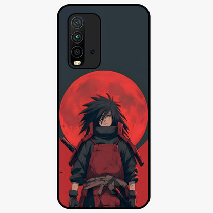 Crimson Moon Warlord Glass Case showing flat back view with mystical moon warrior artwork and glossy glass finish.