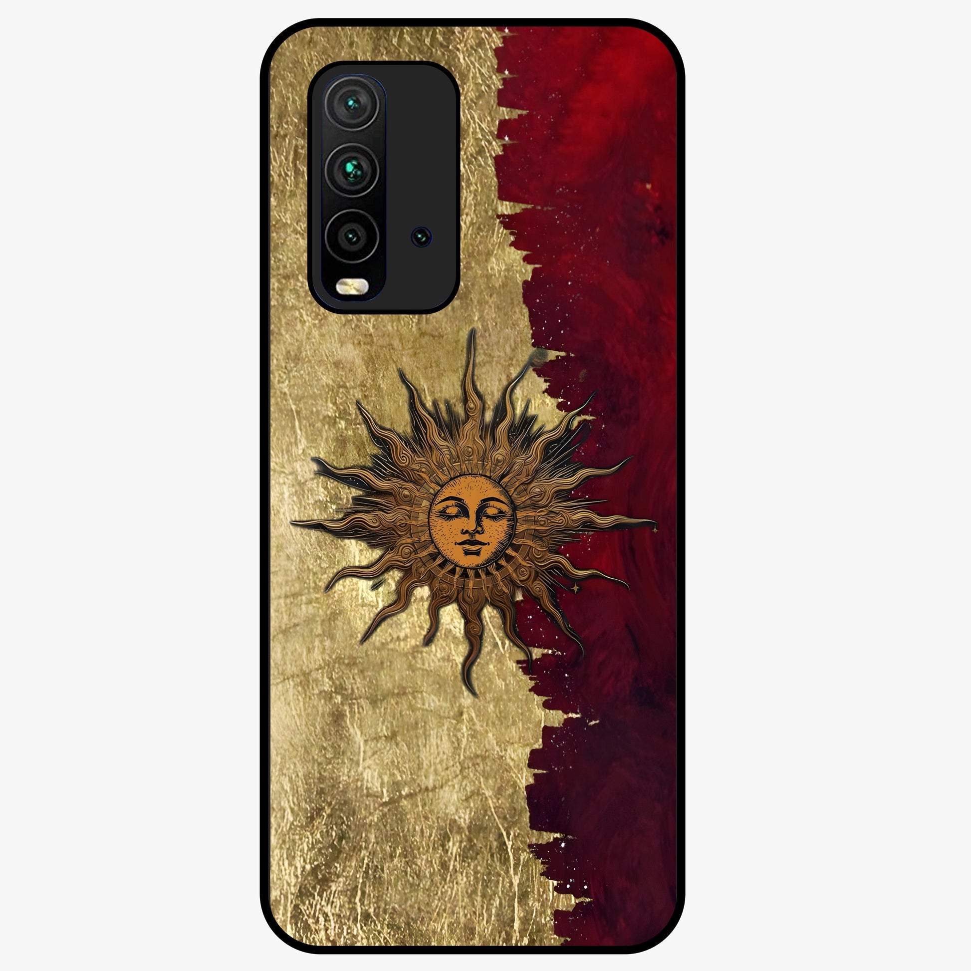 Crimson Sun Majesty Glass Case showing flat back view with radiant sun inspired artwork and glossy glass finish.