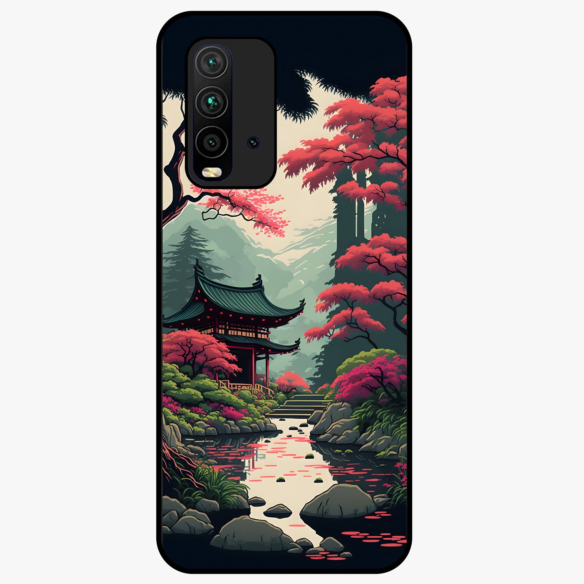 Crimson Temple View Glass Case showing flat back view with temple inspired artwork and glossy glass finish.