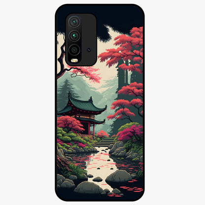 Crimson Temple View Glass Case showing flat back view with temple inspired artwork and glossy glass finish.