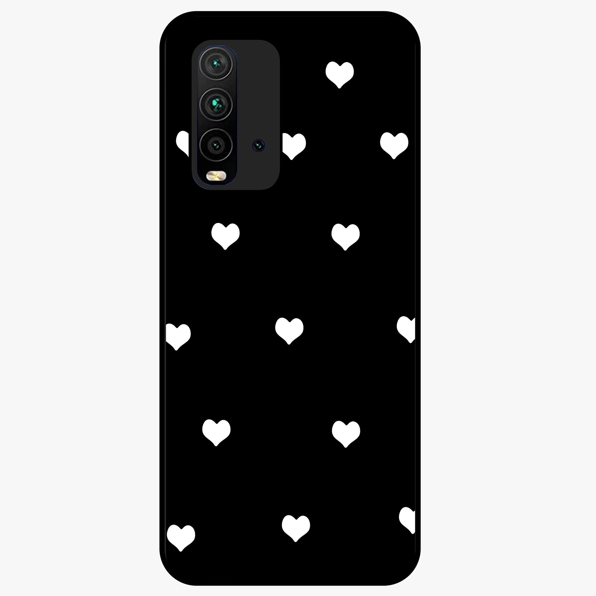 Cute And Simple White Hearts Glass Case showing flat back view with minimal white heart pattern and glossy glass finish.