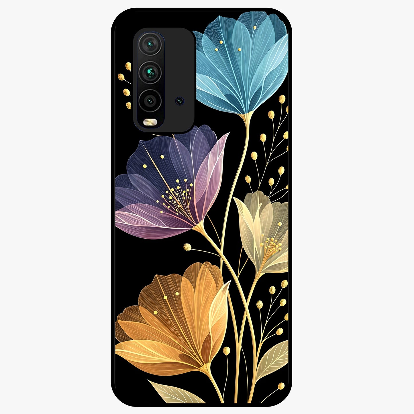 Delicate Multicolor Flowers Glass Case showing flat back view with vibrant floral artwork and glossy glass finish.