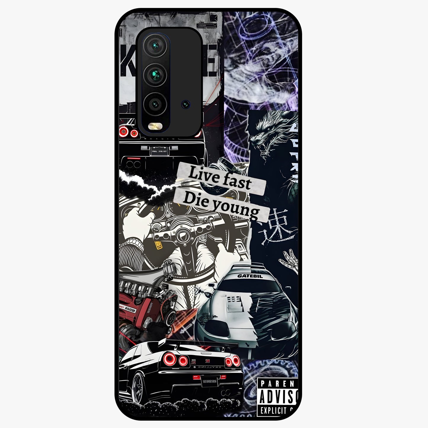 Die Young Glass Case showing flat back view with bold artistic typography design and glossy glass finish.