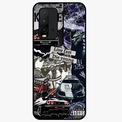Die Young Glass Case showing flat back view with bold artistic typography design and glossy glass finish.