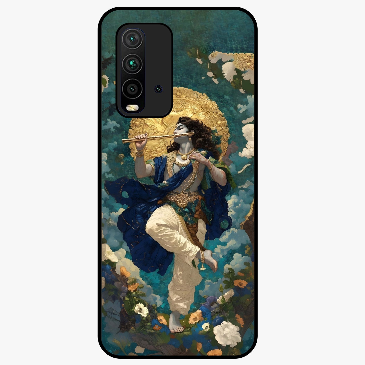 Divine Krishna Art Glass Case showing flat back view with Lord Krishna artwork and glossy glass finish.